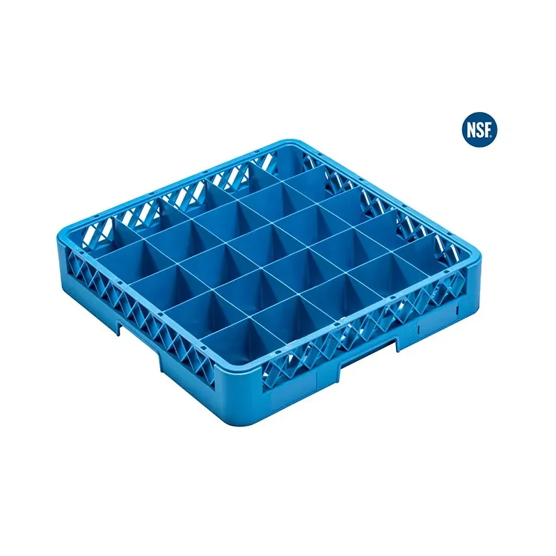 Canastilla plástica azul con compartimentos para vasos.