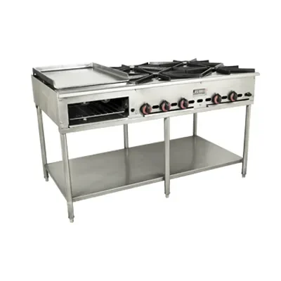 Estufa industrial de acero inoxidable con horno abierta.