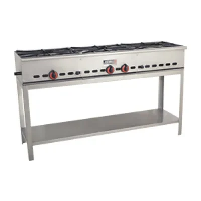 Estufa industrial de acero inoxidable con cuatro quemadores.