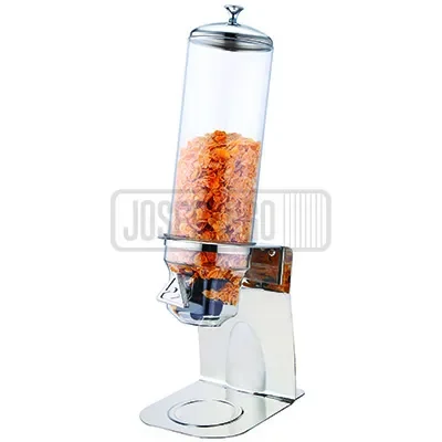 Dispensador de cereal transparente con base metálica.