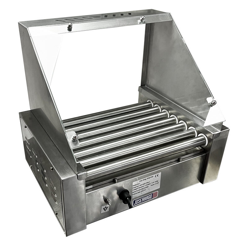 Parrilla rodante para asar salchichas en acero inoxidable.
