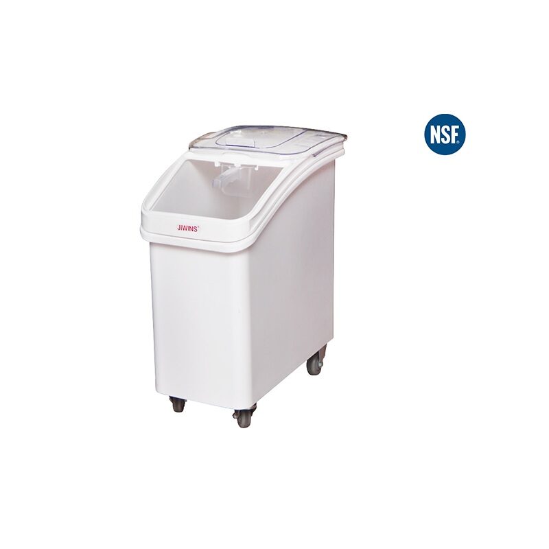 Contenedor blanco con tapa y ruedas para almacenamiento.