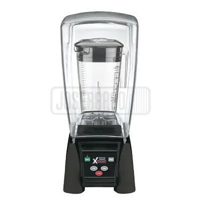 Licuadora industrial con tapa transparente y base negra.