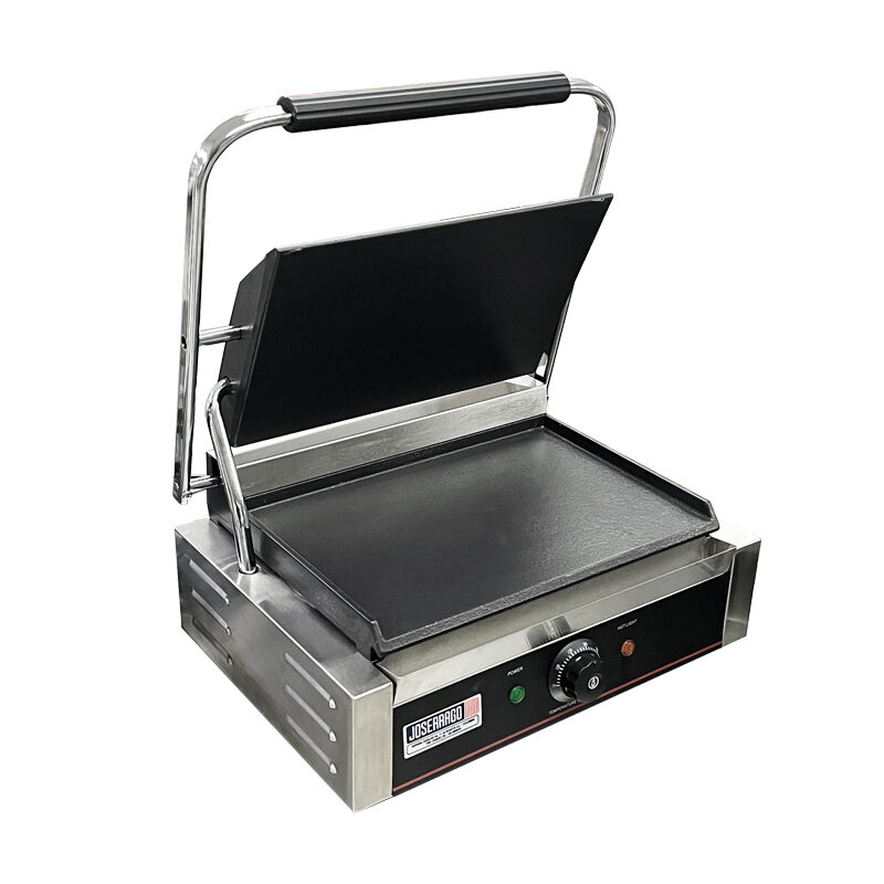Parrilla eléctrica con tapa abierta y control de temperatura.