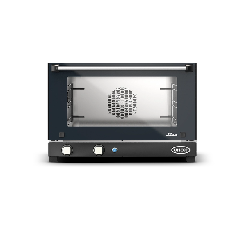 Horno eléctrico negro con ventilador interior visible.